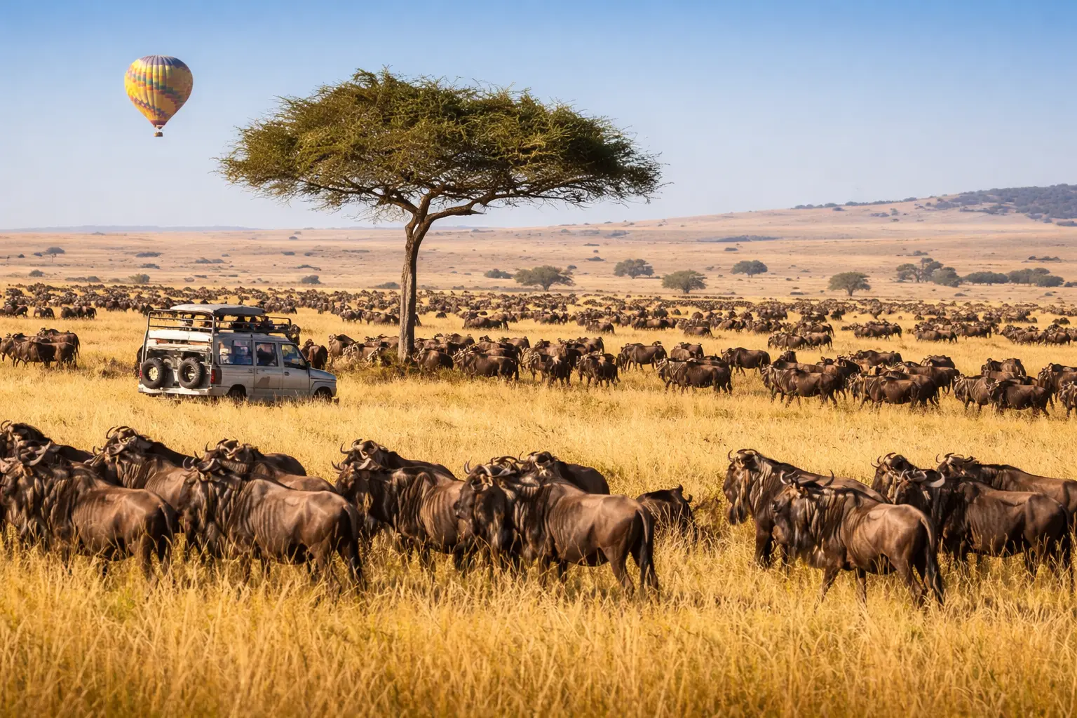 Open grasslands in the Masai Mara at golden hour