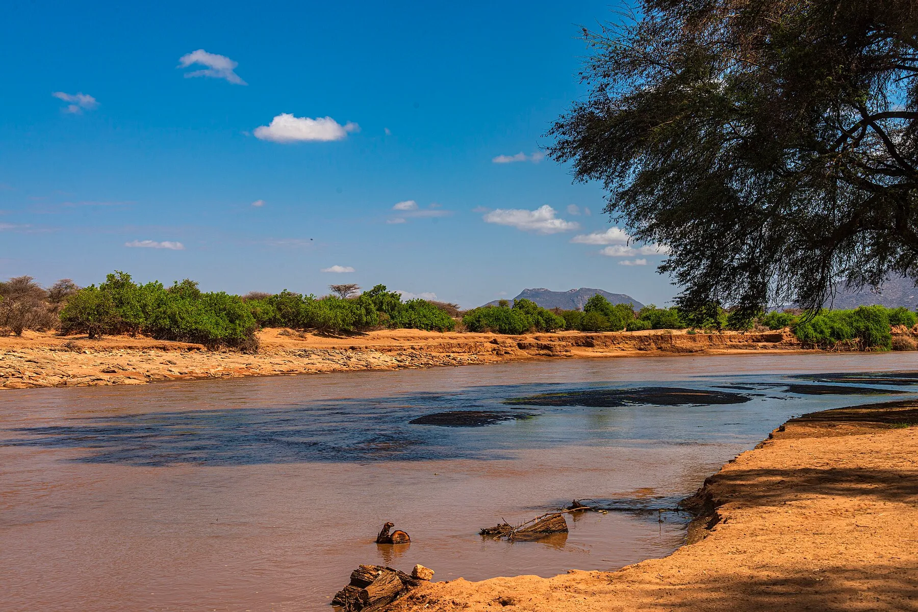 Ewaso Nyiro River and dry-country hills beside Samburu Intrepids Camp