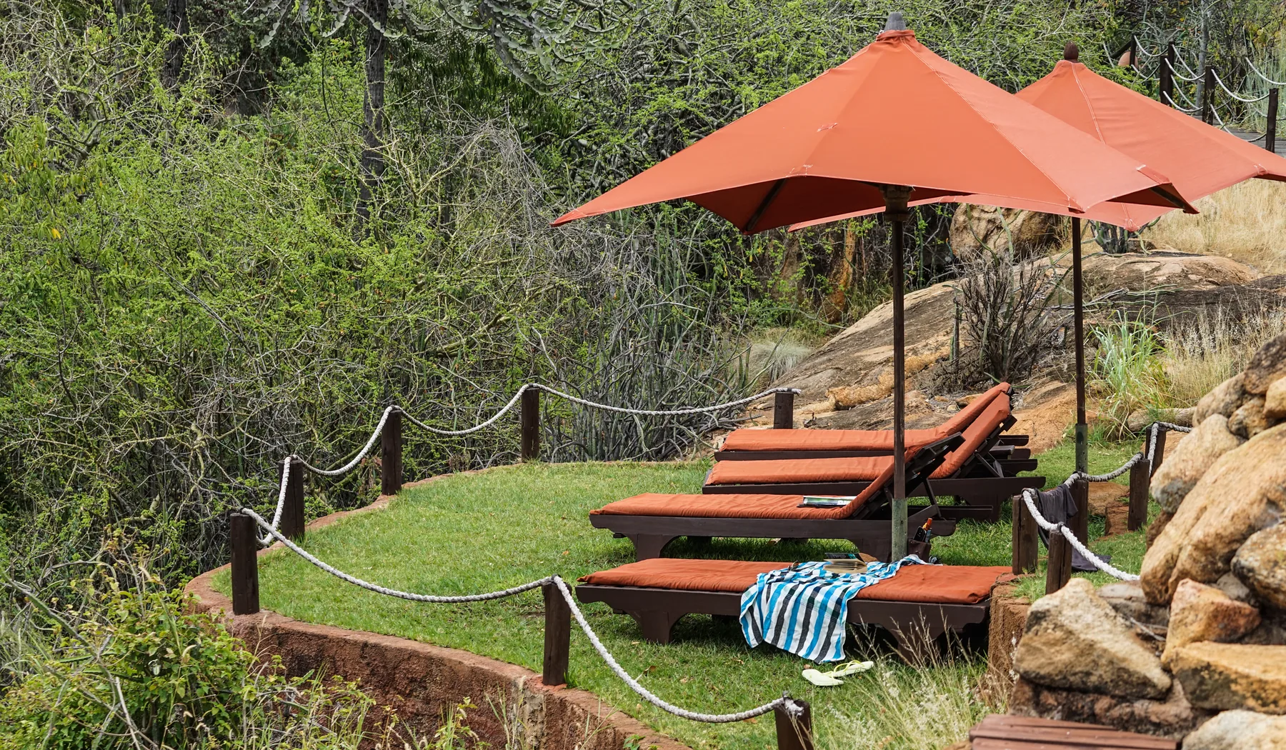 Lodge pool terrace among rocks and vegetation in Meru National Park
